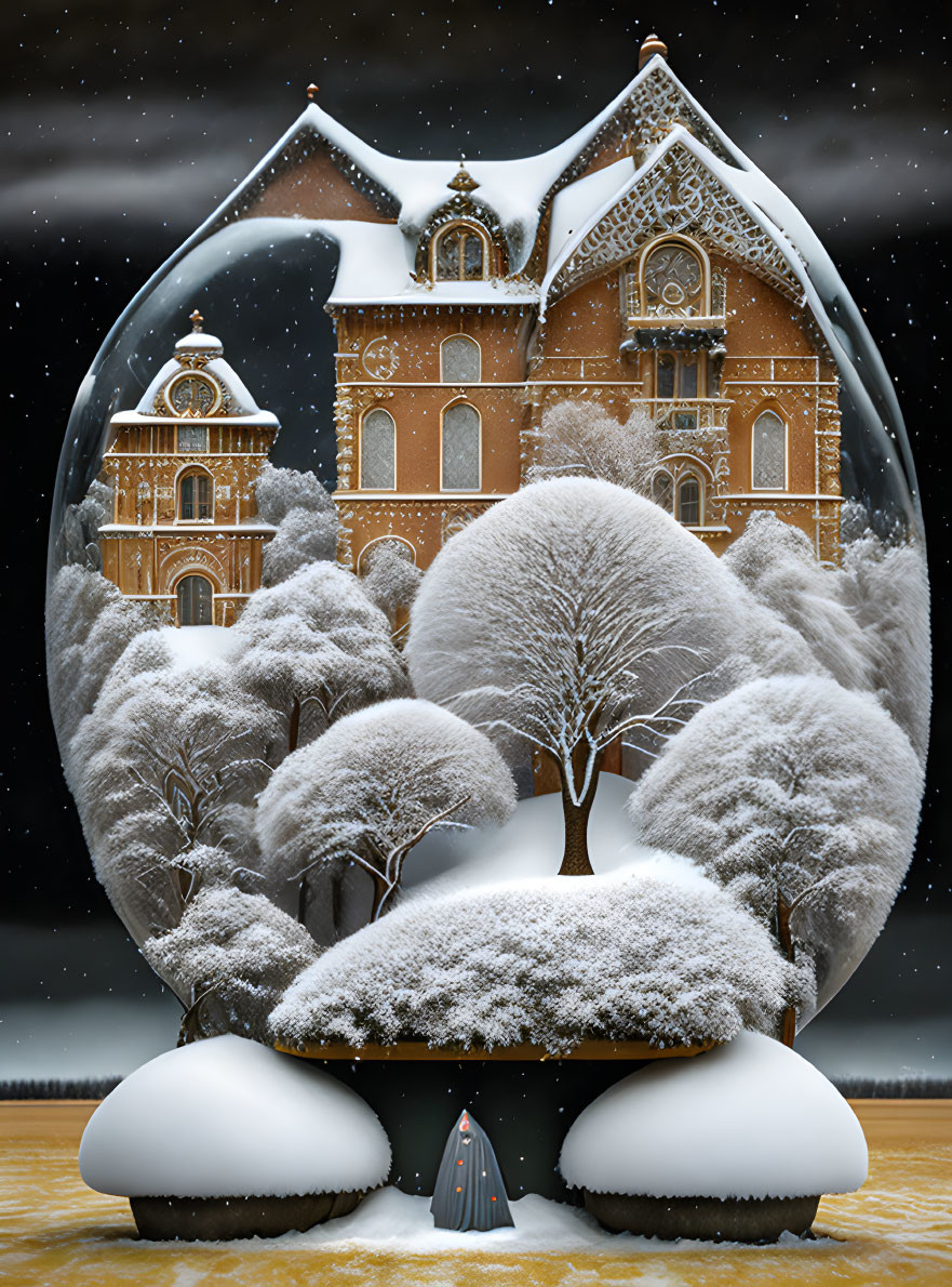 Snow globe with ornate building, snow-covered trees, starry night sky