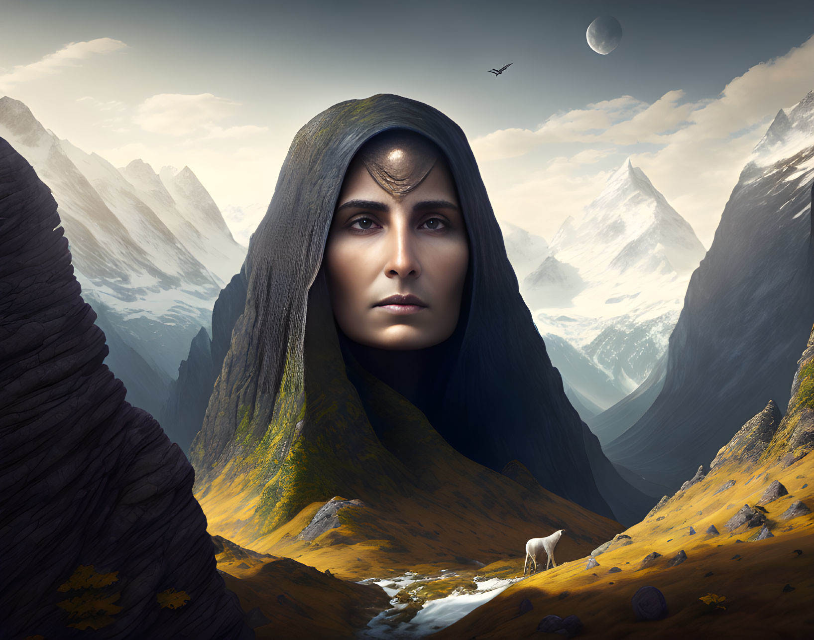 Surreal portrait of woman's face merging with mountain landscape