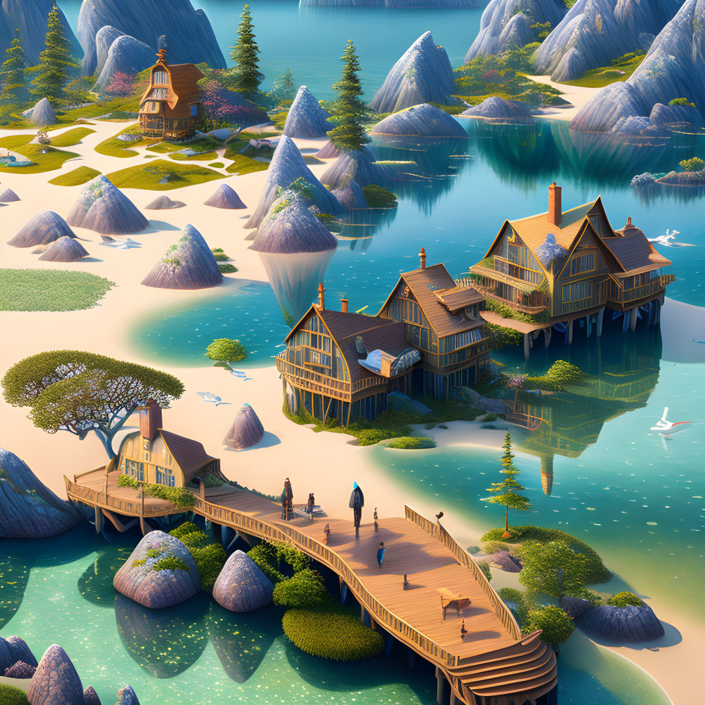 Digital artwork of peaceful lakeside village with wooden houses, trees, boardwalks, and mountains under