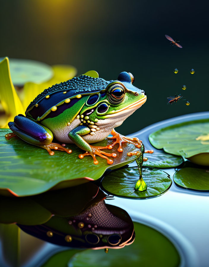 Colorful Frog on Lily Pad with Droplets and Insects in Green Setting