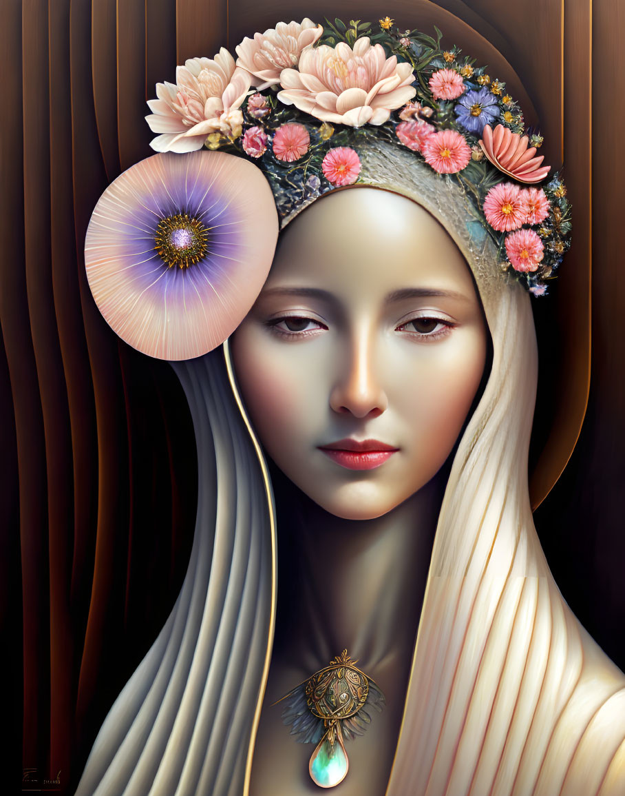 Digital artwork of serene woman with purple floral headpiece & jeweled pendant