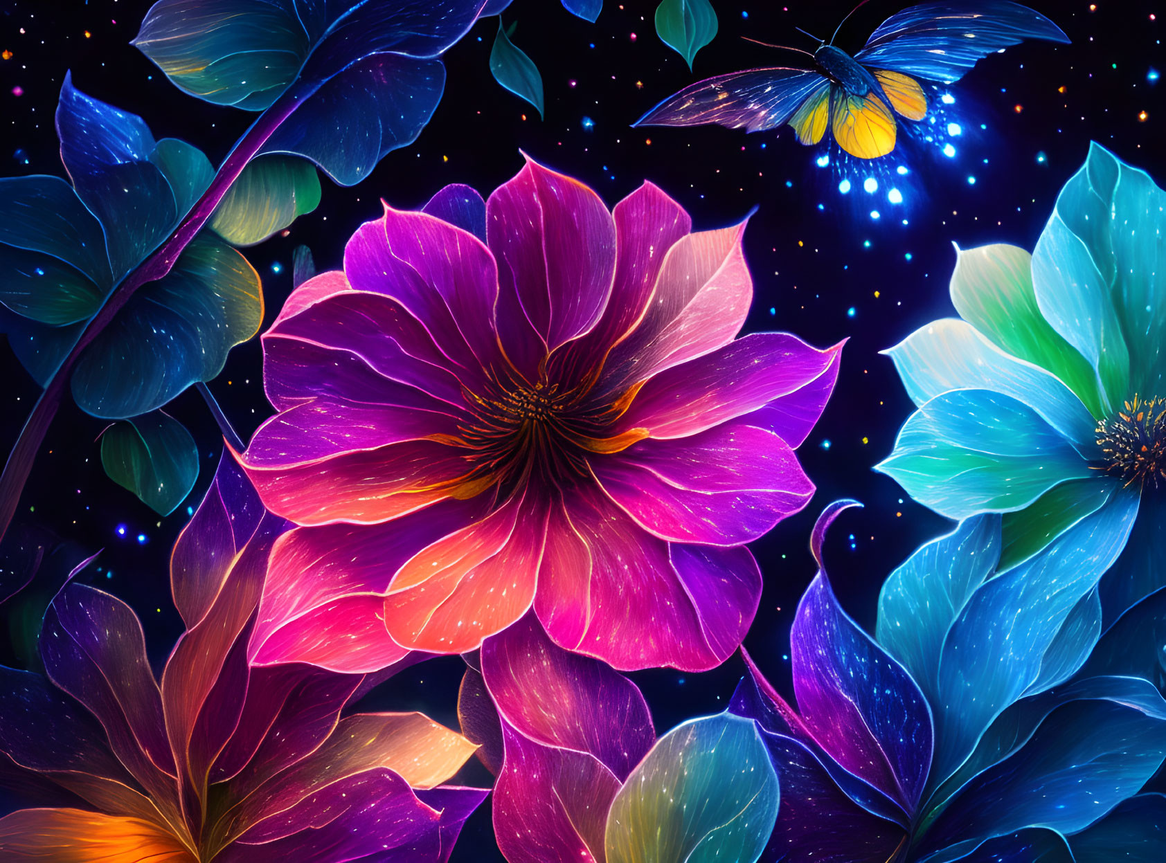 Colorful Flower and Butterfly Digital Art on Starry Night Background