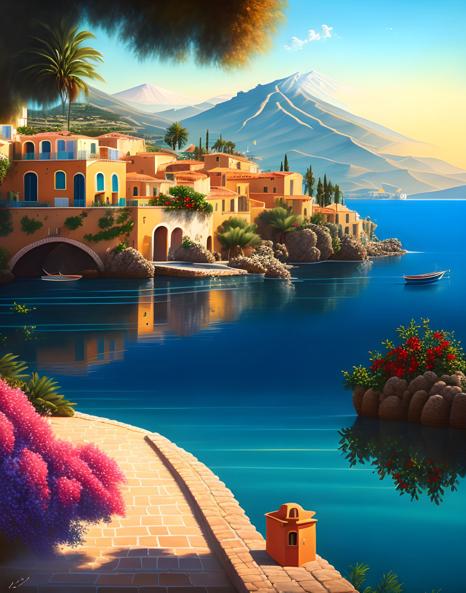 Seaside town with palm trees, boat, and volcano in tranquil scene