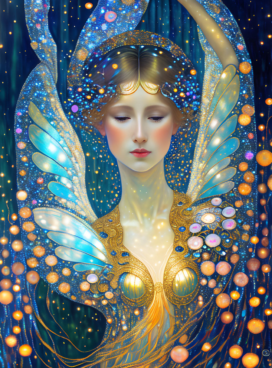 Ethereal woman with golden butterfly wings in luminous orbs on starry blue backdrop