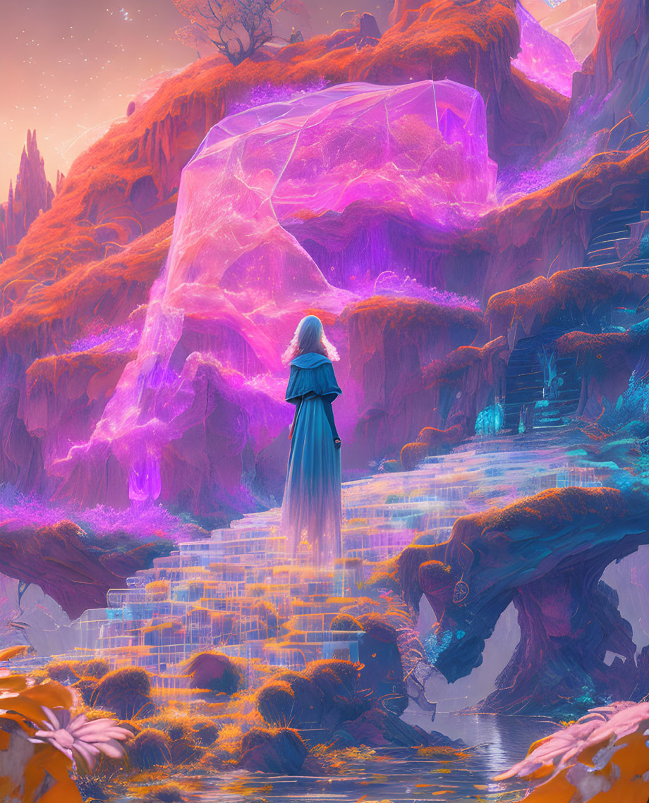 Cloaked figure on translucent path to large purple crystal in alien landscape