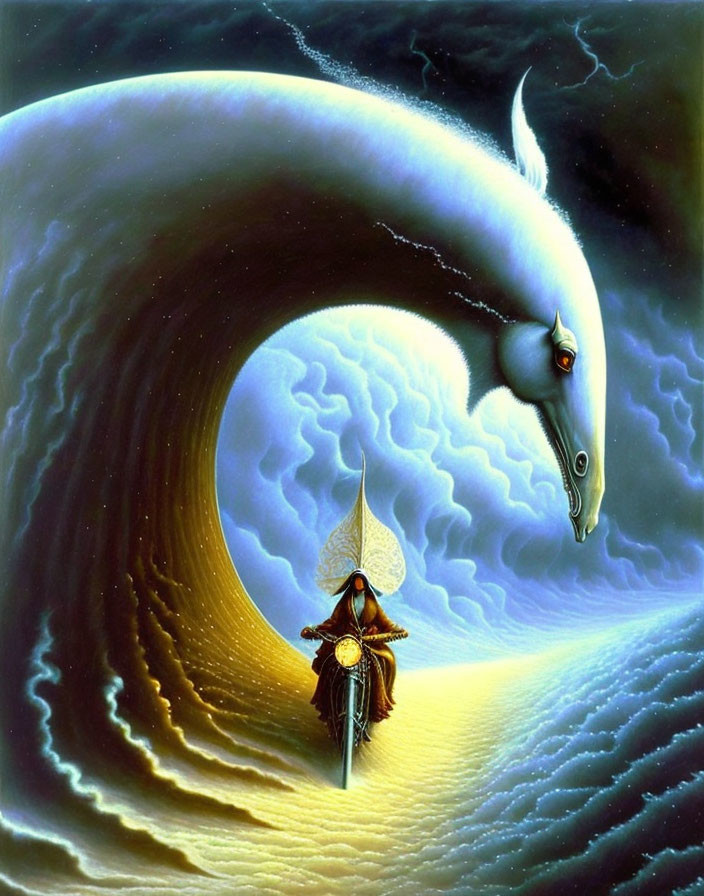 Surreal painting: cloaked figure on leaf boat under giant horse-shaped wave