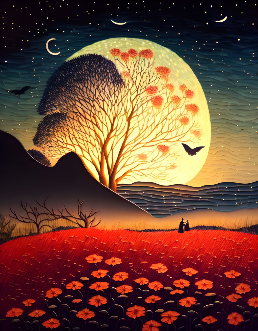 Vibrant red field with figures under full moon and starry sky