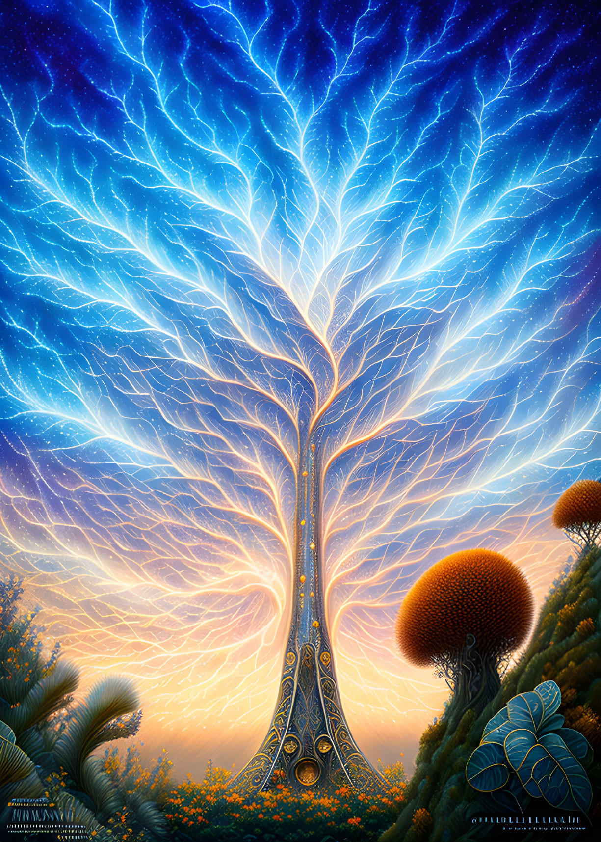 Colorful digital artwork: Luminous tree structure under starry sky