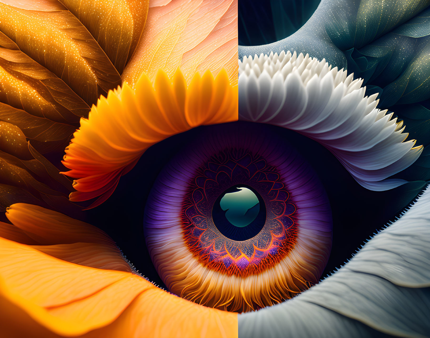 Eye-centered digital art with vibrant petal patterns in orange, gold, blue, and white