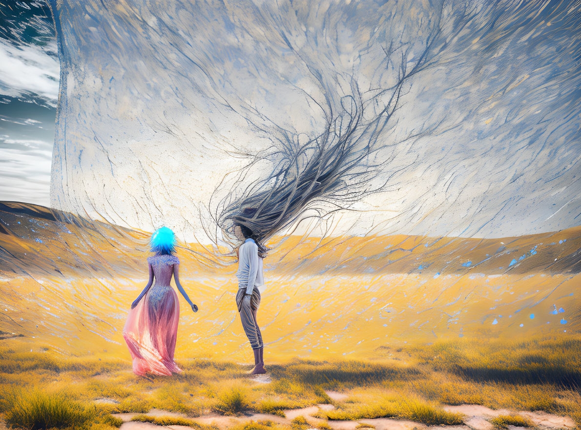 Long-haired individuals in surreal desert with celestial body