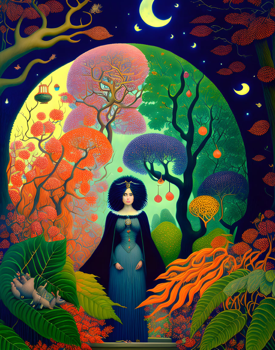 Mysterious woman in black cloak in front of vibrant forest scene