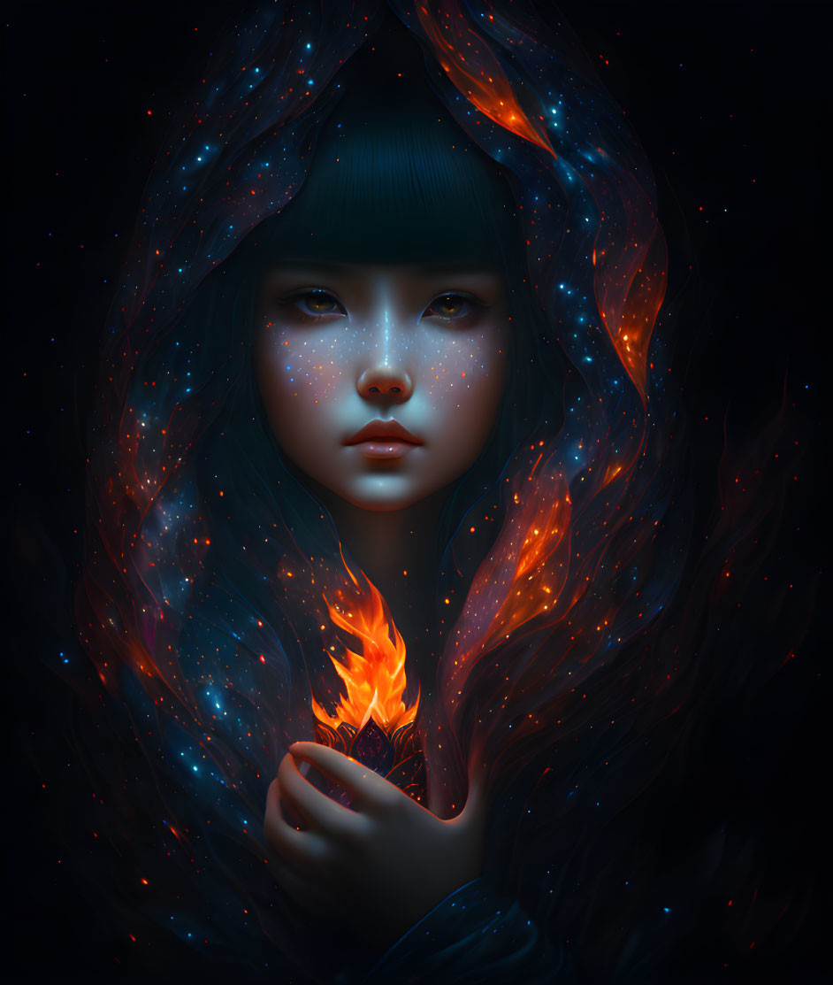 Mystical girl with cosmic hair holding a flame in ethereal glow