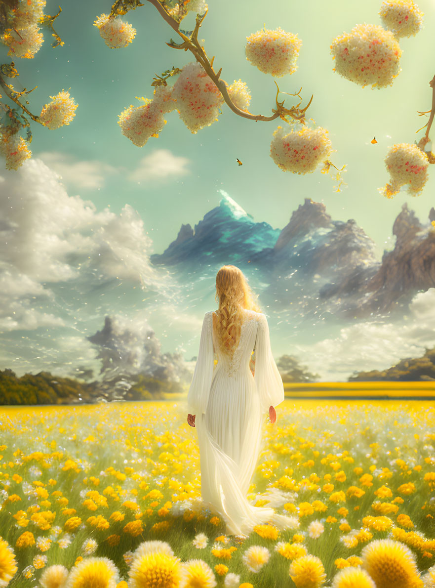 Woman in White Dress Among Yellow Flowers and Mountains Under Dreamy Sky