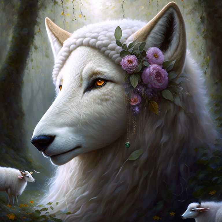 White Wolf with Floral Crown Surrounded by Mystical Forest