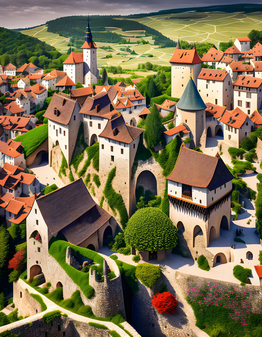 Medieval village with fortified walls and red roofed houses amid lush greenery