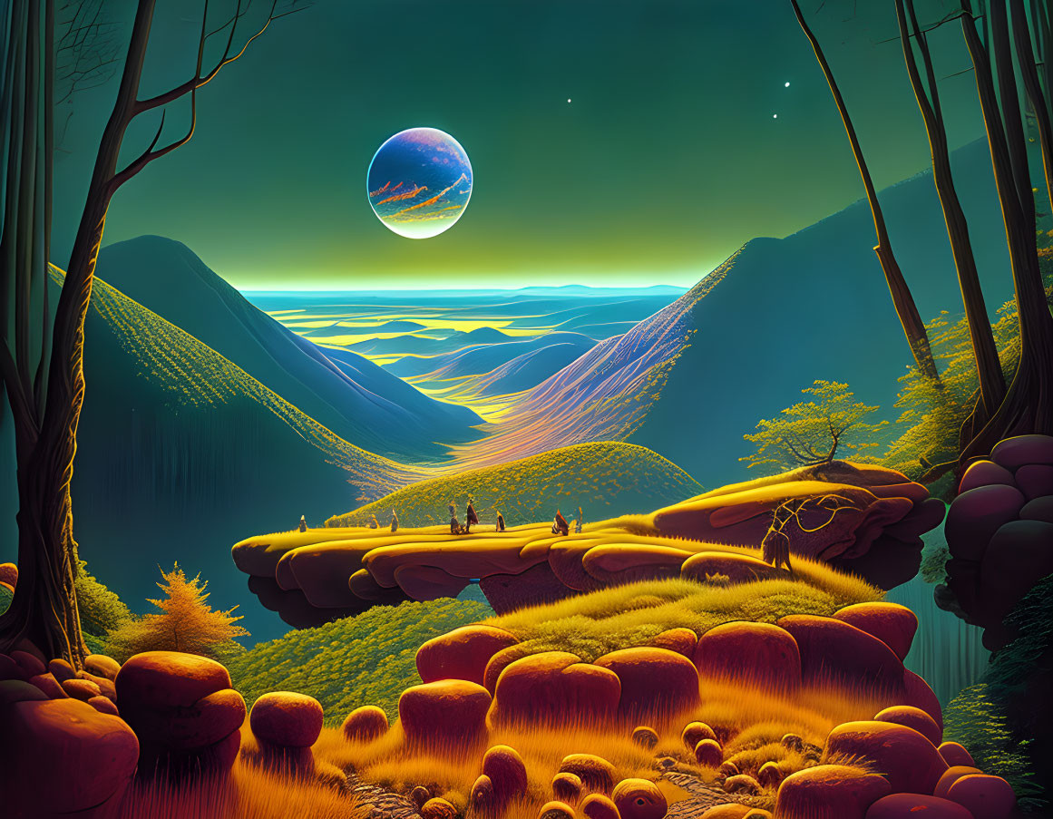 Fantasy landscape at dusk: large moon, river, figures, glowing flora.