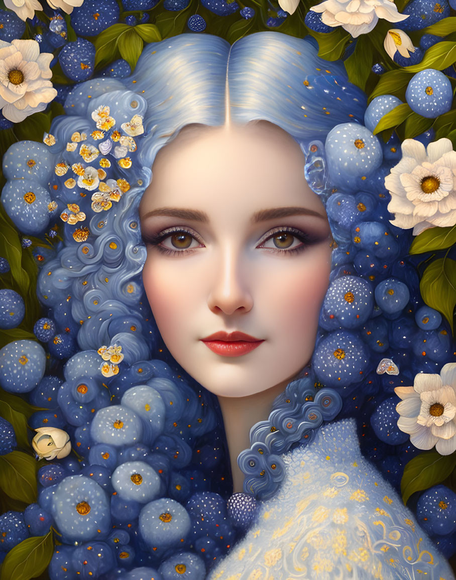 Portrait of Woman with Blue Hair and Floral Adornments