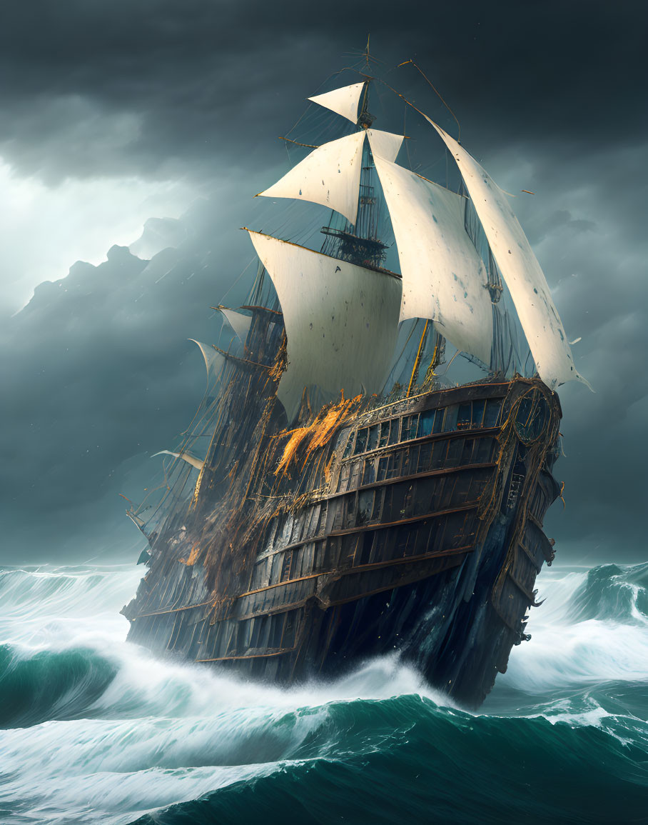 Tall ship with billowing sails in stormy seas and flames