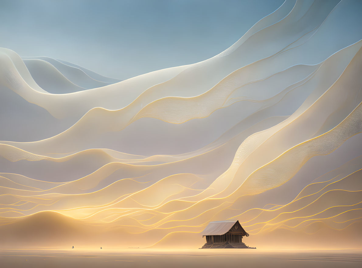 Ethereal landscape with sand dunes and traditional house