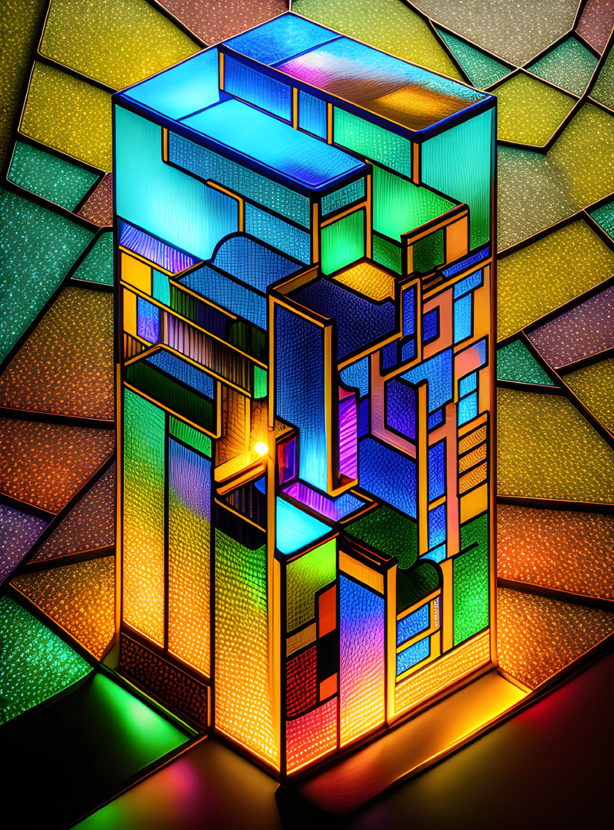 Colorful geometric digital artwork of a glowing building structure on mosaic background