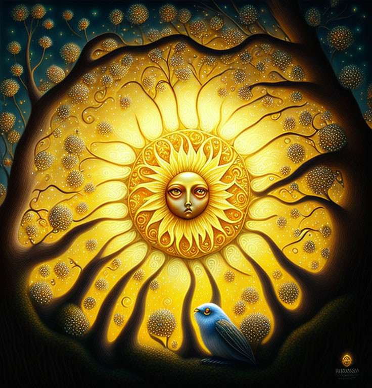 Golden sun with human face, stars, glowing trees, and blue bird in stylized image