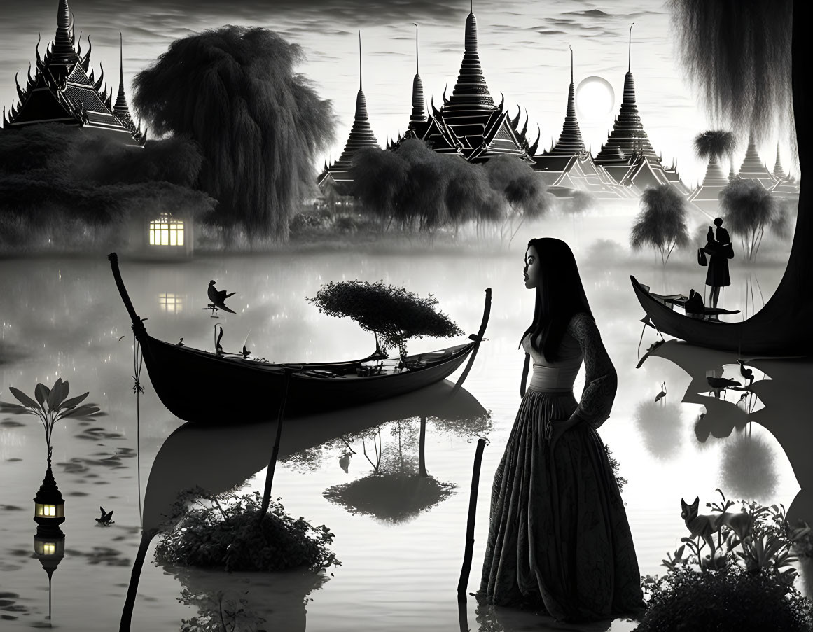 Monochrome image of woman by boat in serene Thai-style landscape