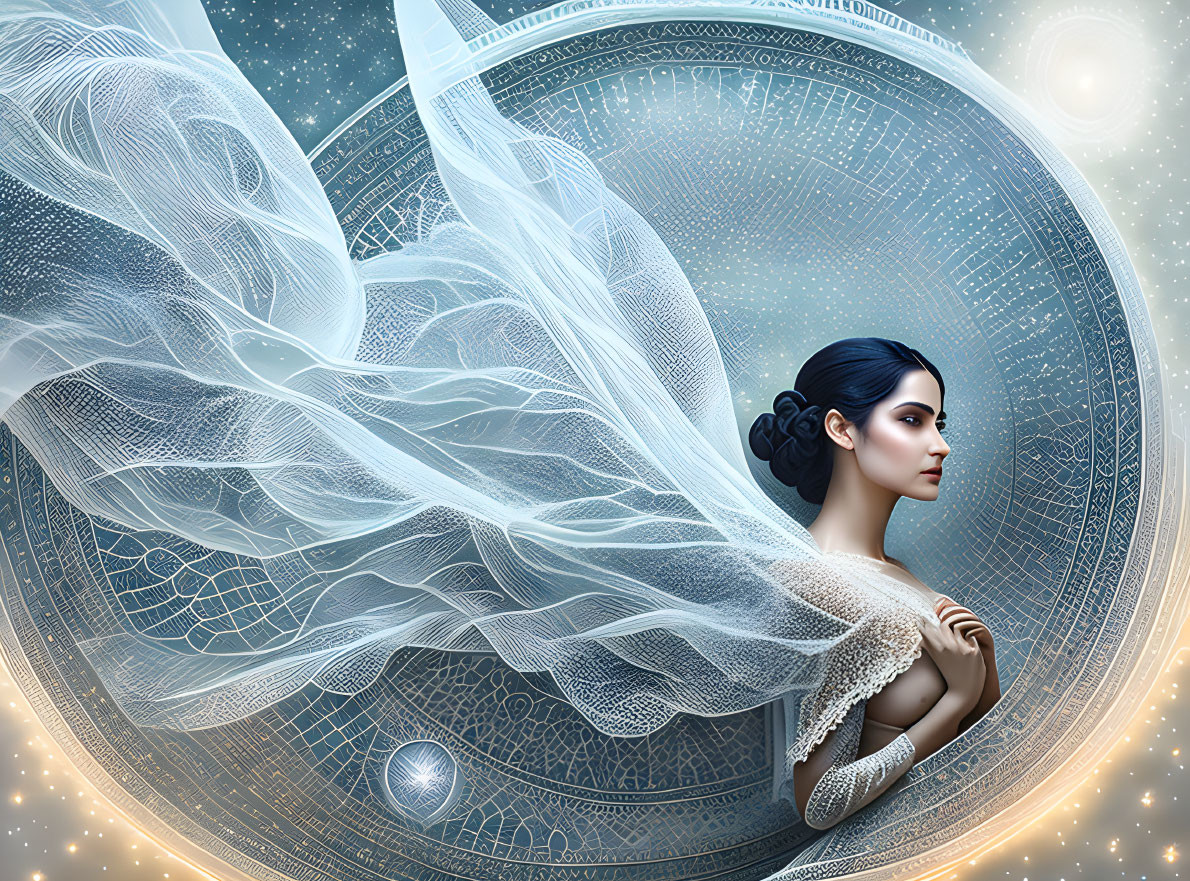 Dark-Haired Woman in Celestial Setting with Flowing Veil and Cosmic Patterns