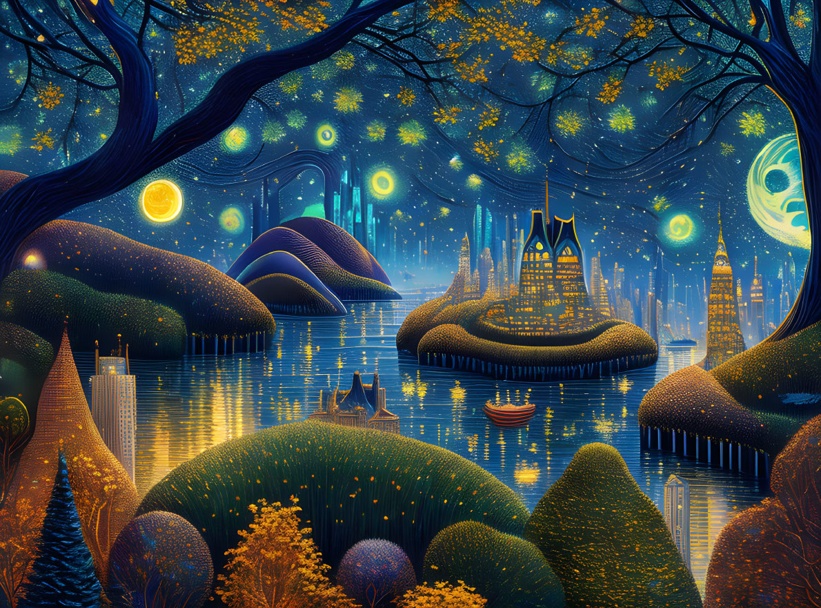 Nighttime fantasy landscape with glowing trees, starry skies, and futuristic structures