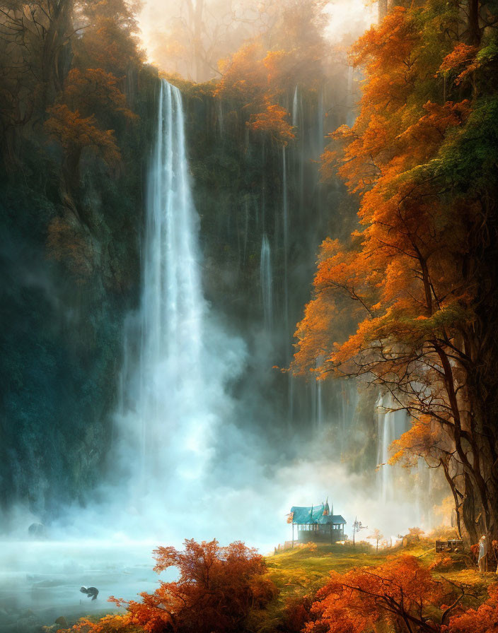 Tranquil forest waterfall with autumn trees and gazebo