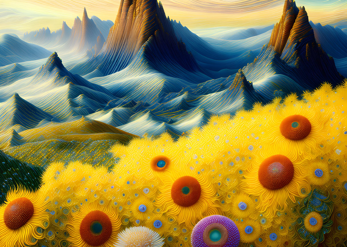 Surreal landscape with wavy hills, sharp peaks, and vibrant sunflowers