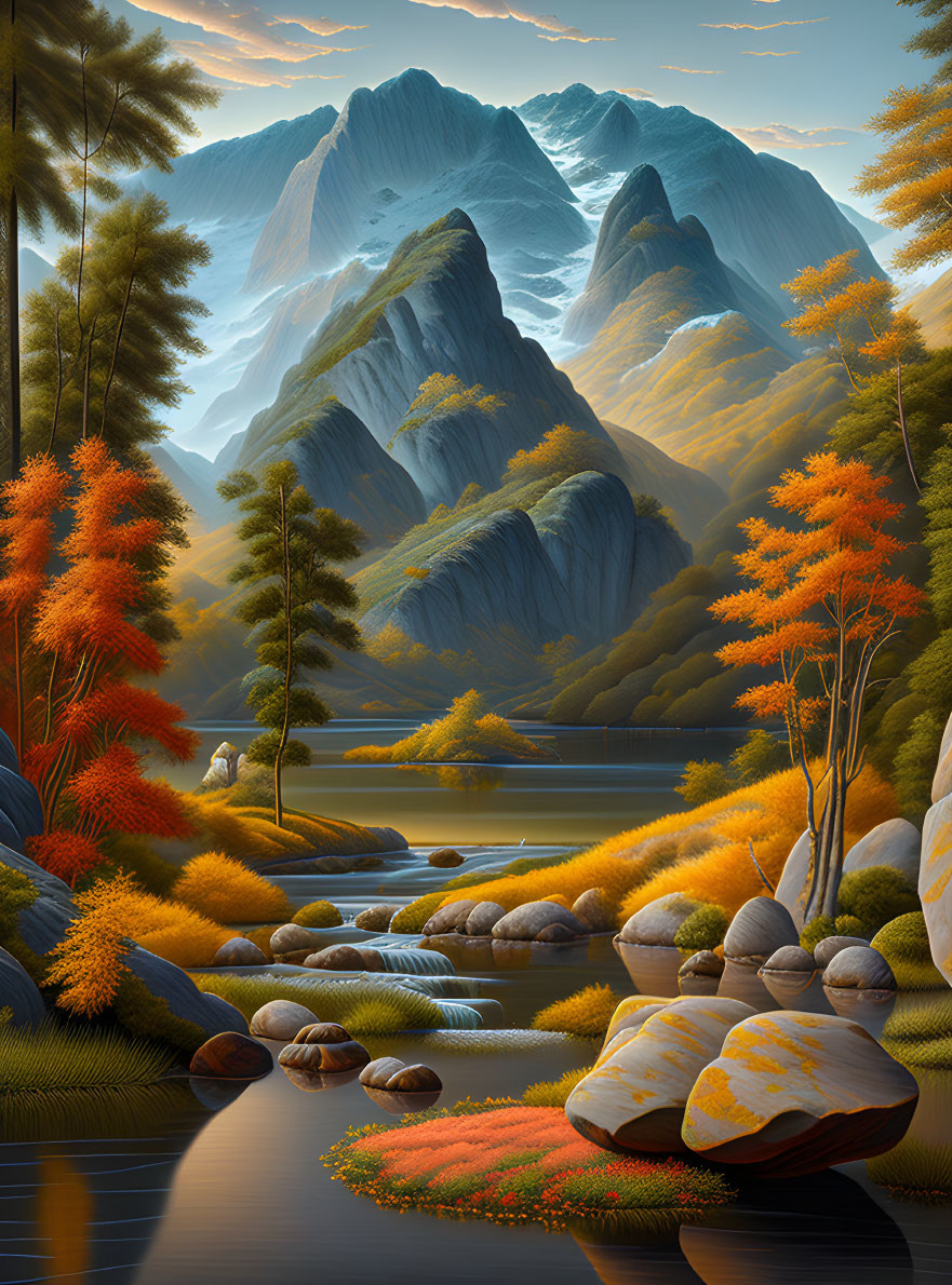 Majestic mountains, tranquil river, autumn trees in serene landscape