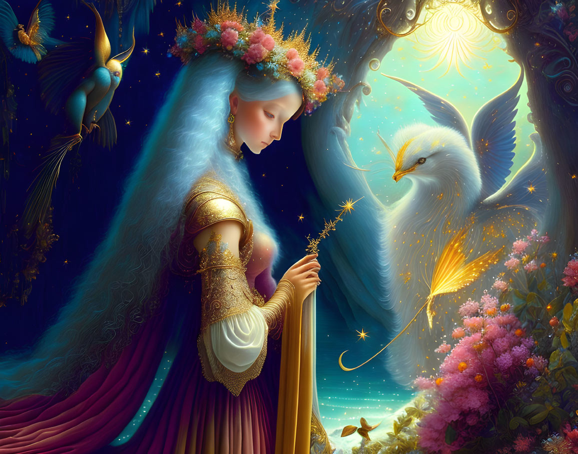 Fantasy artwork: Woman with floral crown, wand, facing glowing bird, surrounded by stars and vibrant