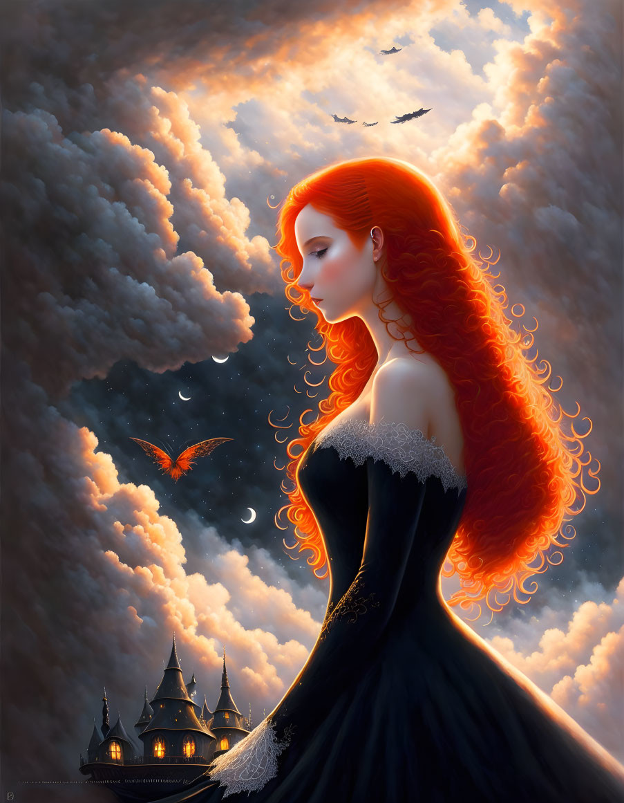 Red-haired woman in sunset clouds with birds and distant castle