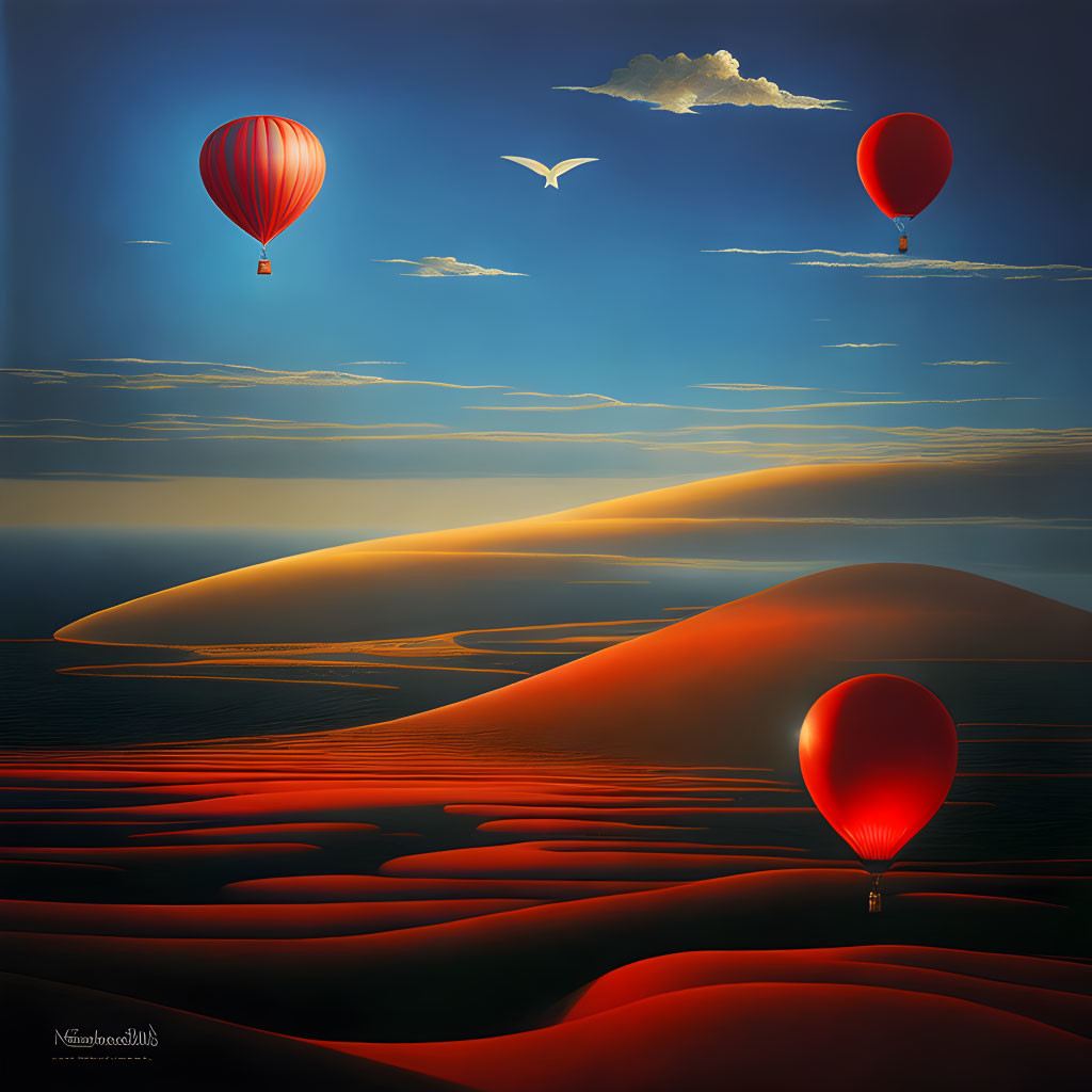 Hot air balloons and bird flying over red dunes and blue sky