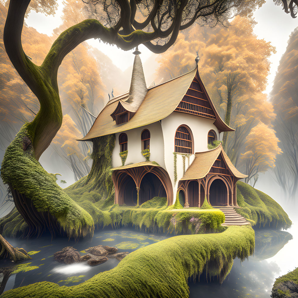 Pointed-roof fantasy house in mossy forest with misty atmosphere