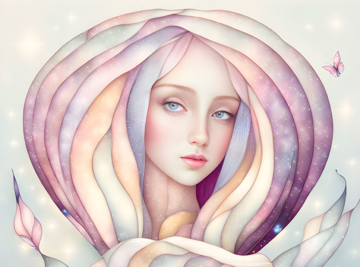 Whimsical female figure with flowing pastel hair and stars.