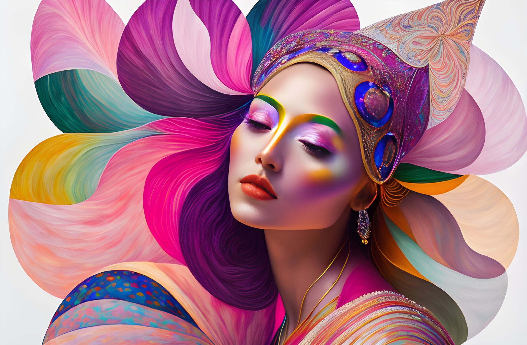 Colorful digital artwork of woman with vibrant headwear and makeup on multicolored backdrop.