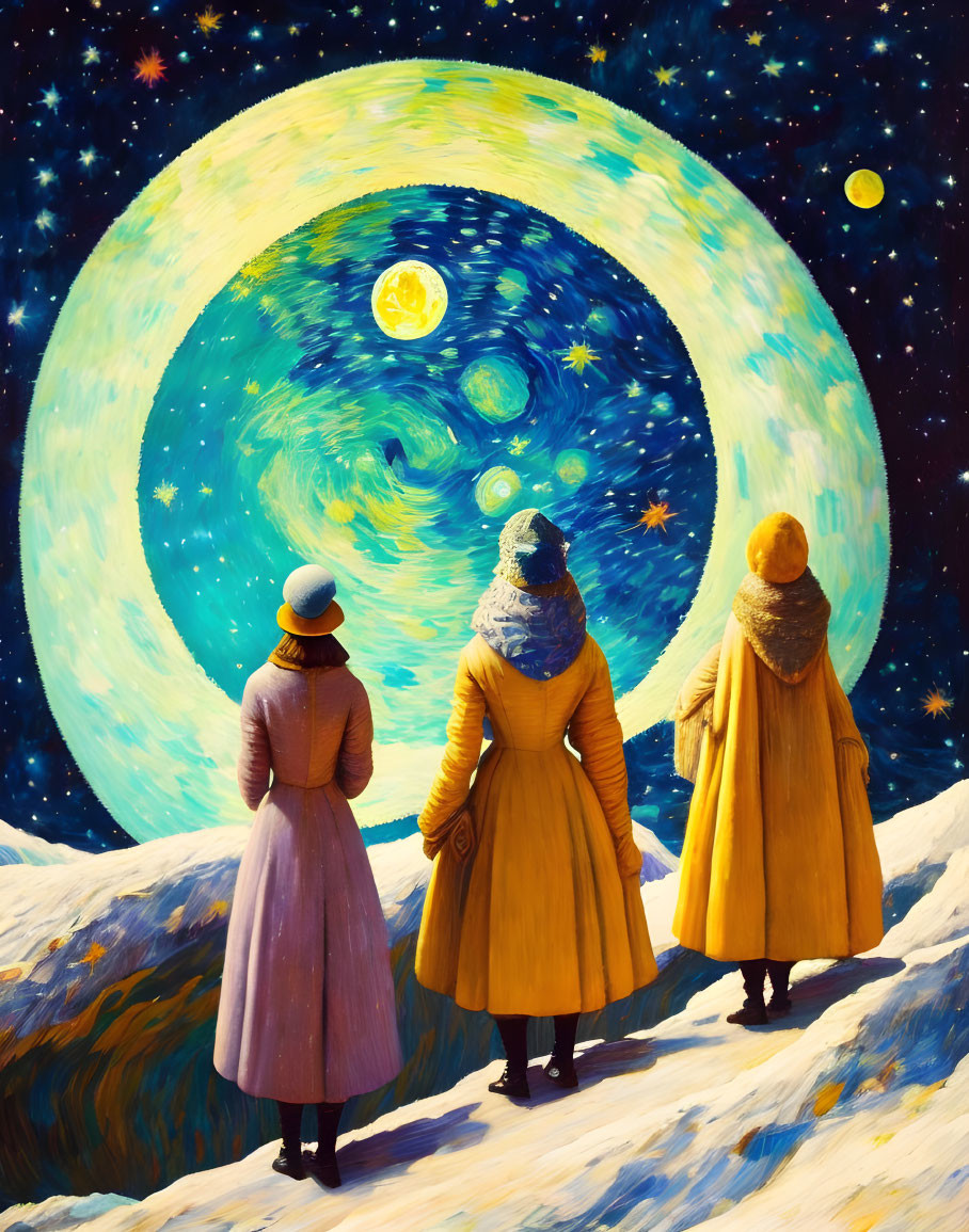 Three People in Winter Attire Admire Starry Planet and Moons on Snowy Ledge