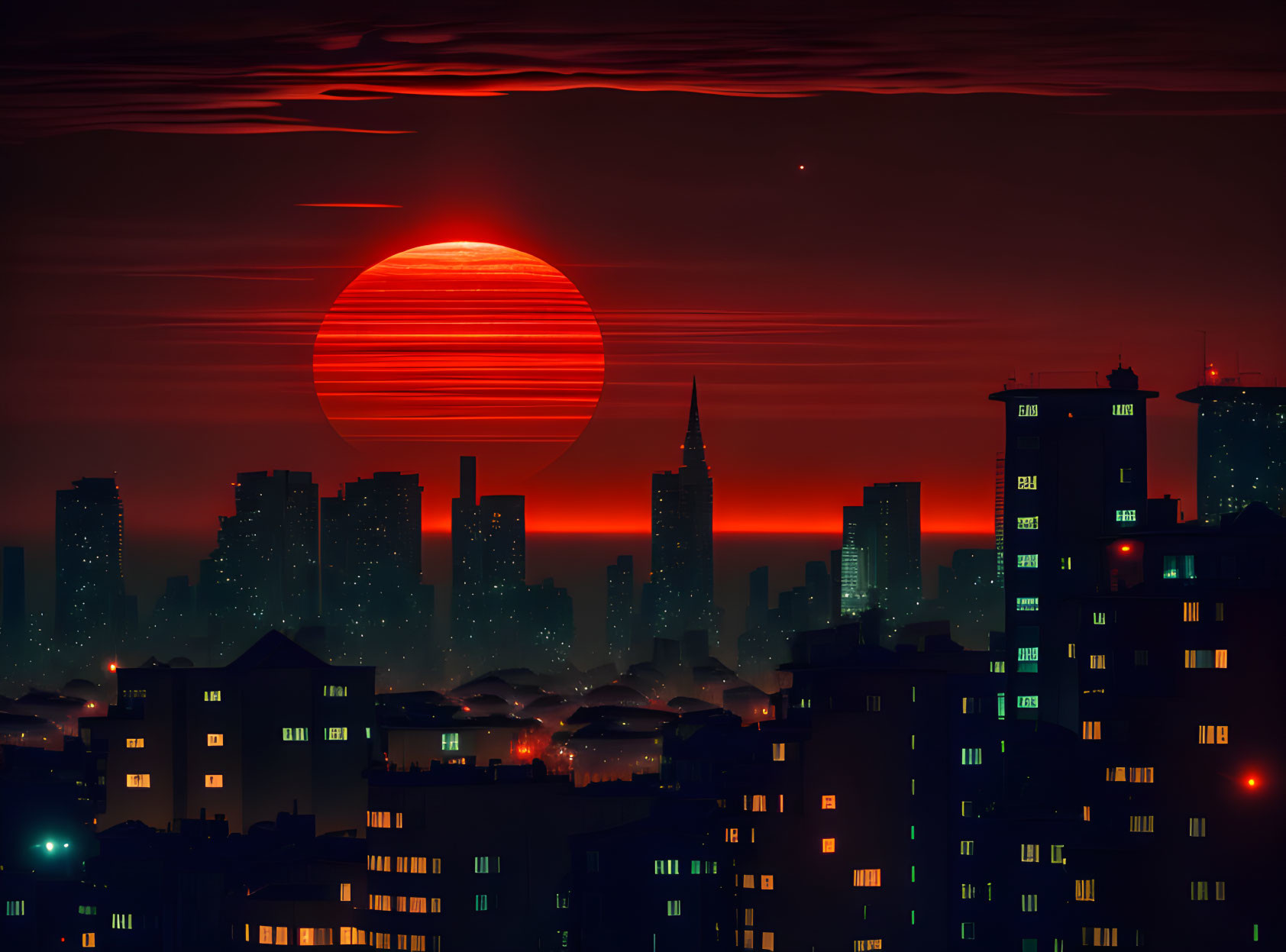 Sunset cityscape with silhouetted buildings and red sun against dramatic sky.