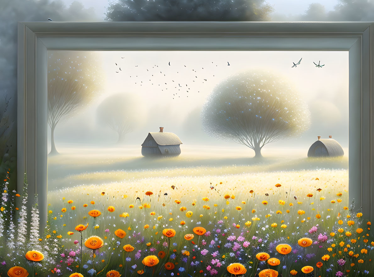 Tranquil landscape with misty field, wildflowers, trees, birds, and houses.