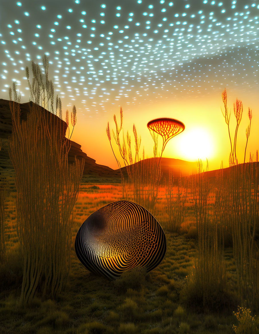 Surreal sunset landscape with tall grass and glowing mushroom shapes