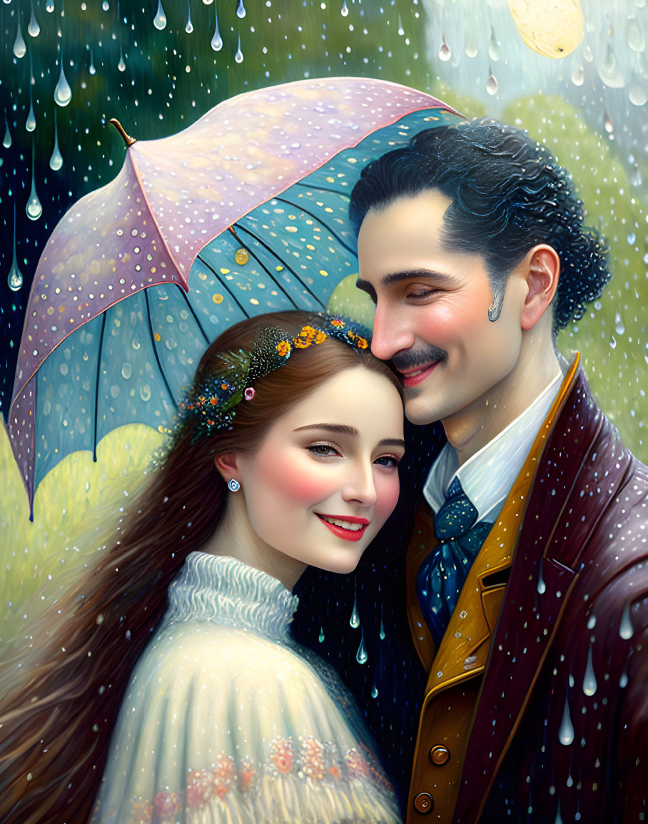 Smiling couple sharing umbrella on rainy day with flower crown and suit