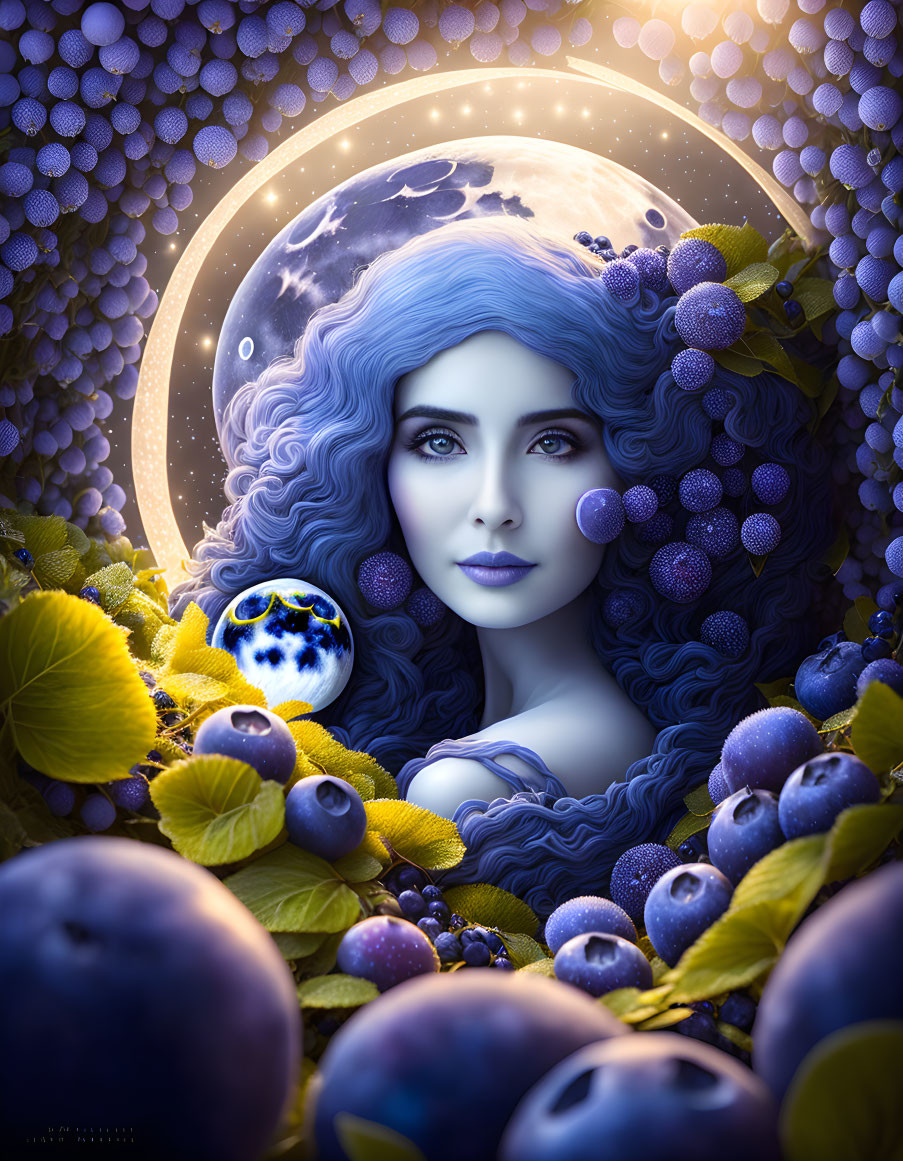 Fantastical portrait of woman with blue hair among grapes, leaves, owl, and moonlit sky