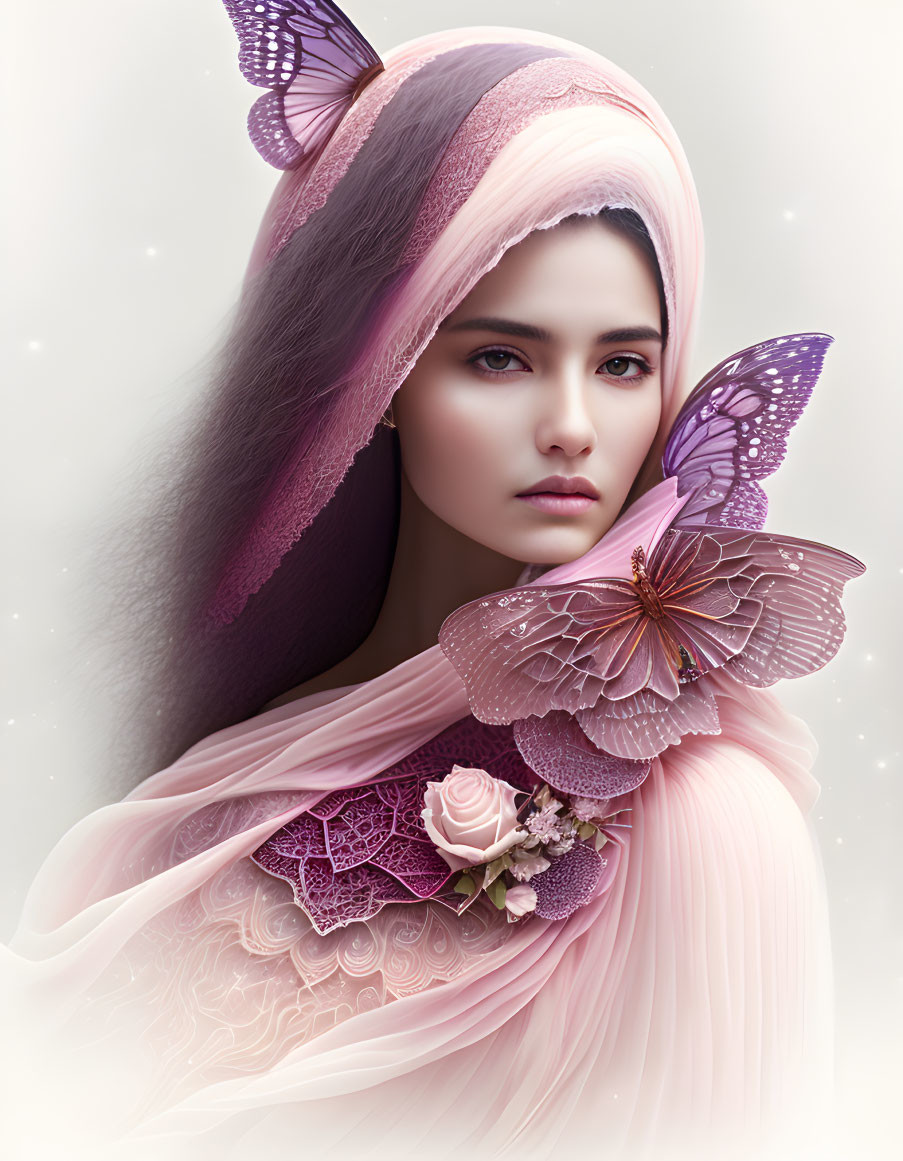 Serene woman with pastel shawl and butterflies in dreamlike setting