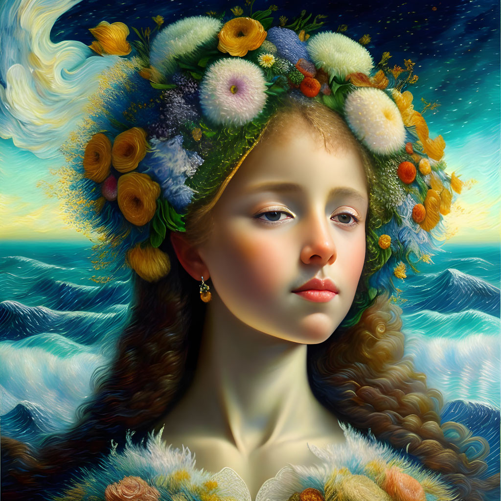 Portrait of girl with floral wreath against sea and sky backdrop