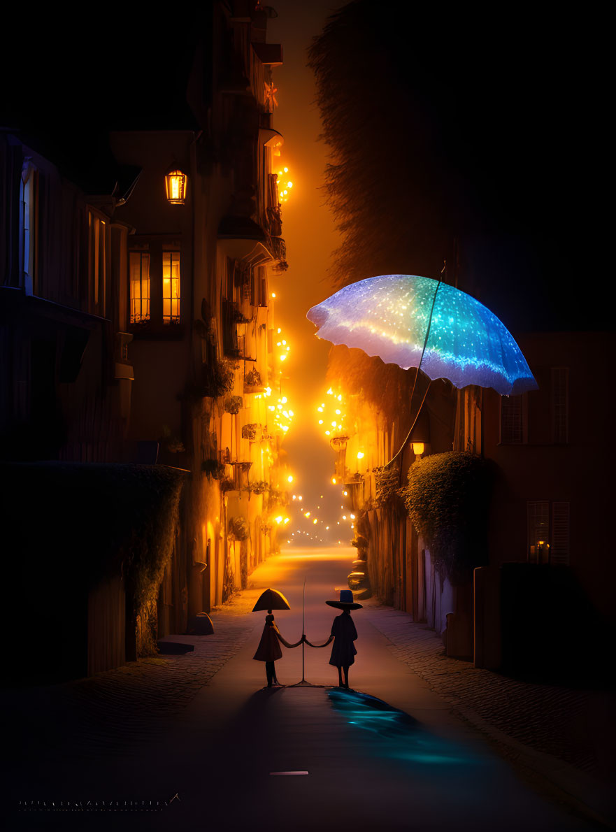 Silhouetted figures with glowing blue umbrella on dimly lit street