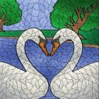 Illustrated swans in heart shape amid green leaves and blue water pattern.