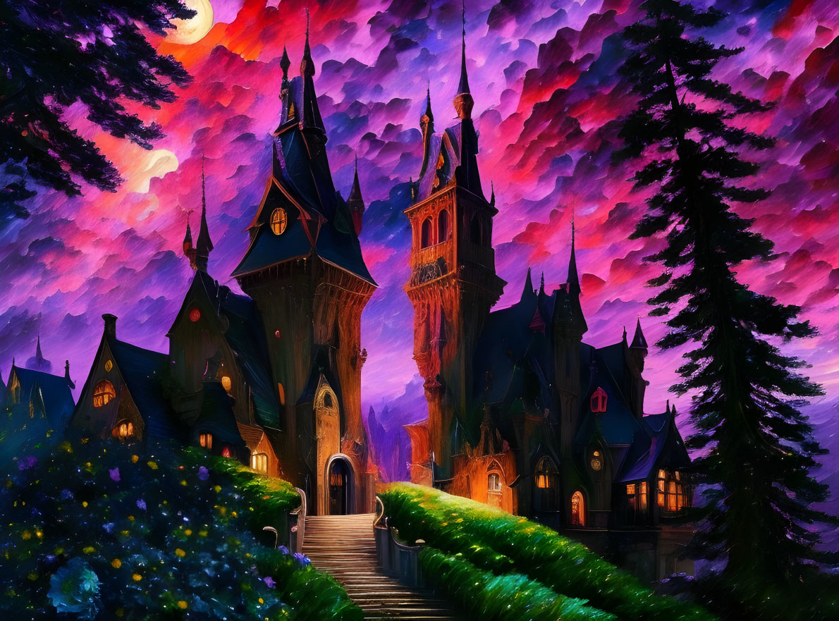 Magical castle illustration in forest at sunset