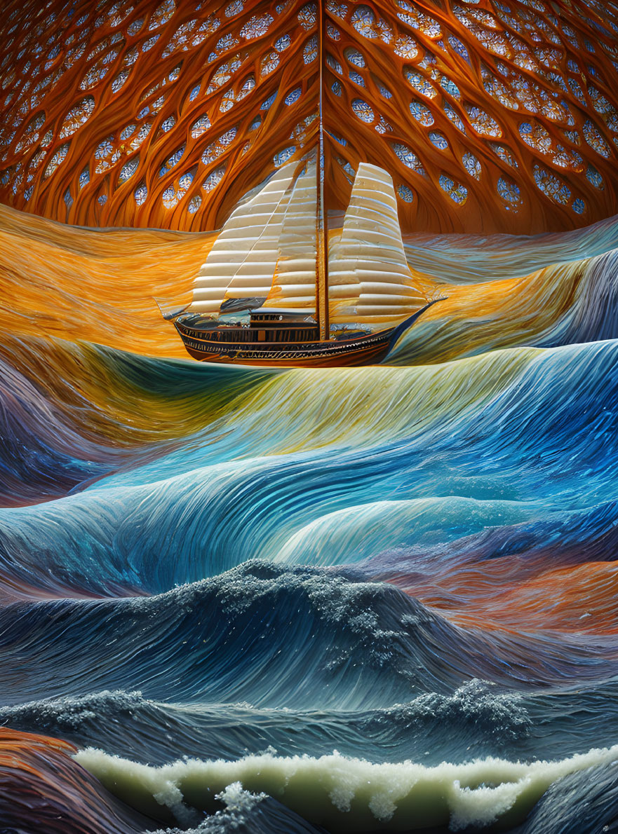 Surreal sailing ship on wavy ocean with orange sky