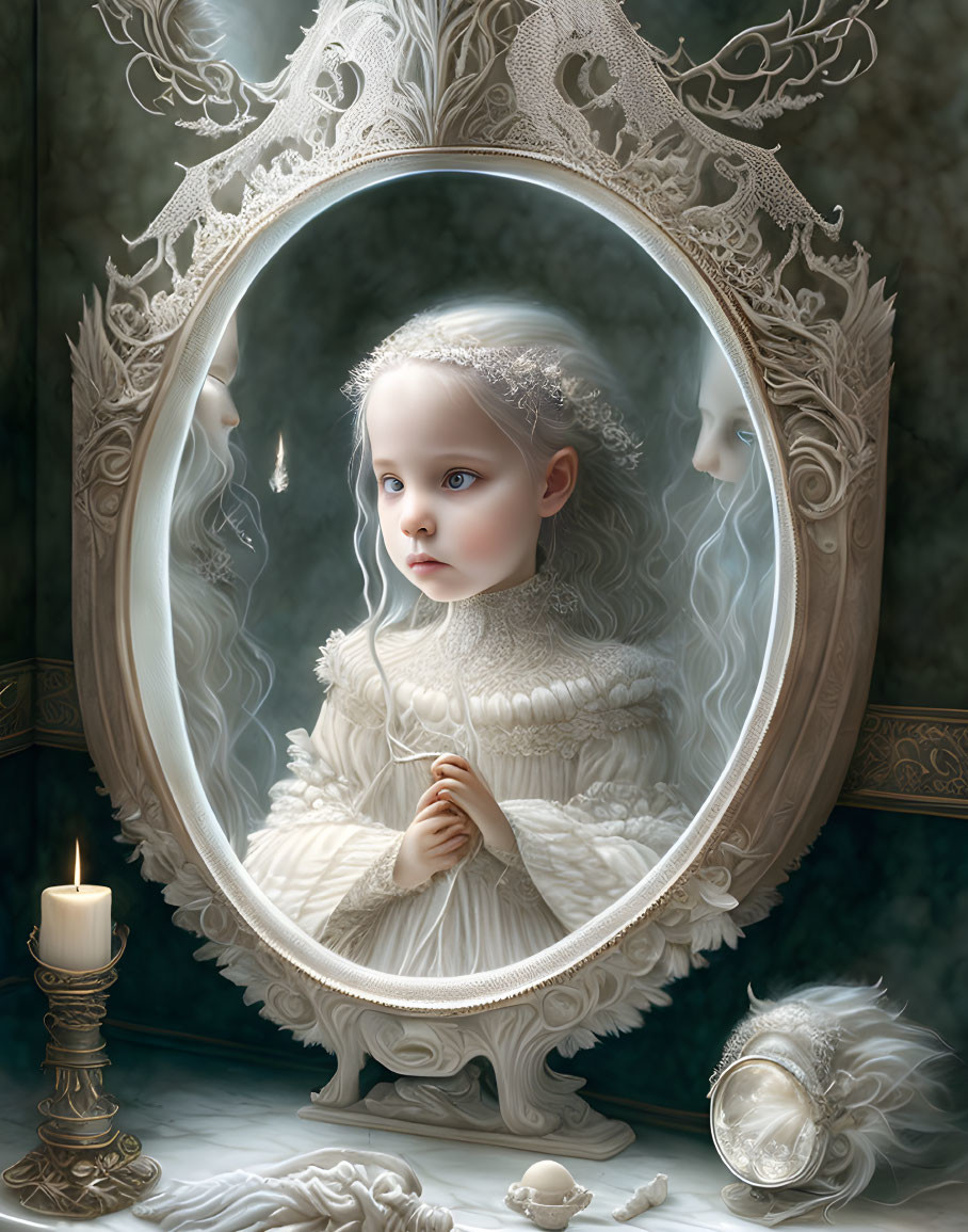 Vintage dress girl reflects in ornate mirror with ghostly figures and candle.